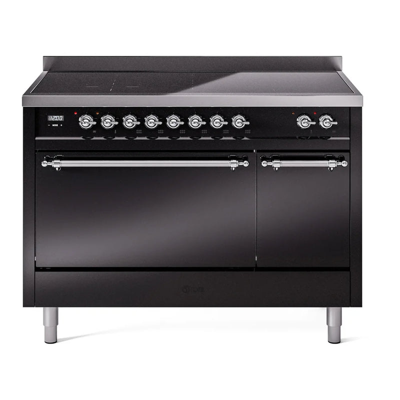 ILVE Nostalgie II 48" Induction Freestanding Range in Glossy Black with Chrome Trim, UPI486QNMPBKC