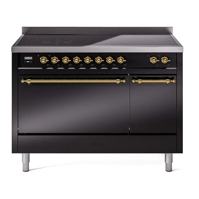 ILVE Nostalgie II 48" Induction Freestanding Range in Glossy Black with Brass Trim, UPI486QNMPBKG