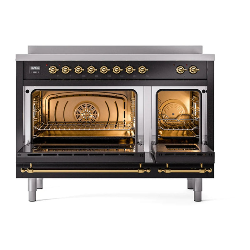 ILVE Nostalgie II 48" Induction Freestanding Range in Glossy Black with Brass Trim, UPI486QNMPBKG