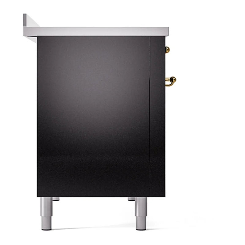 ILVE Nostalgie II 48" Induction Freestanding Range in Glossy Black with Brass Trim, UPI486QNMPBKG