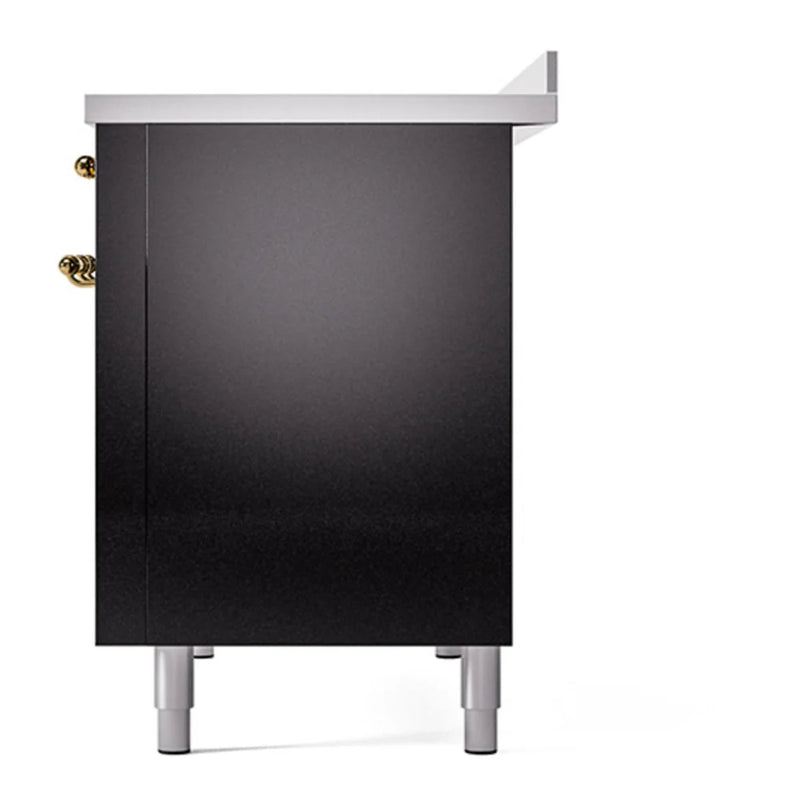 ILVE Nostalgie II 48" Induction Freestanding Range in Glossy Black with Brass Trim, UPI486QNMPBKG