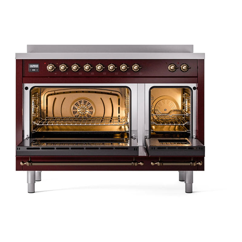 ILVE Nostalgie II 48" Induction Freestanding Range in Burgundy with Burnished Trim, UPI486QNMPBUB