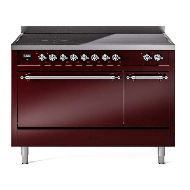 ILVE Nostalgie II 48" Induction Freestanding Range in Burgundy with Chrome Trim, UPI486QNMPBUC