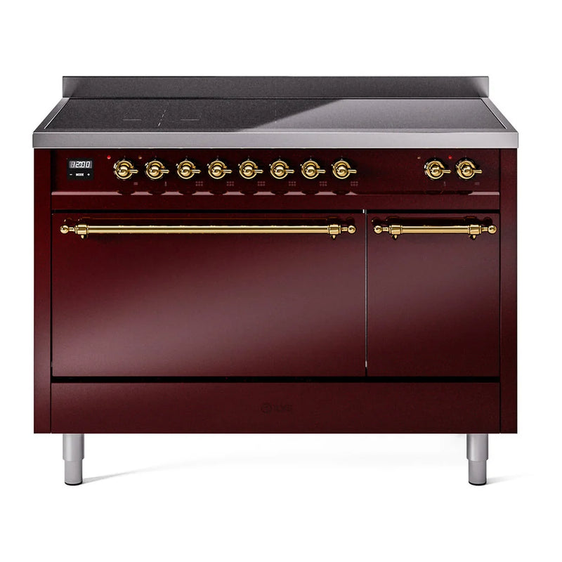 ILVE Nostalgie II 48" Induction Freestanding Range in Burgundy with Brass Trim, UPI486QNMPBUG