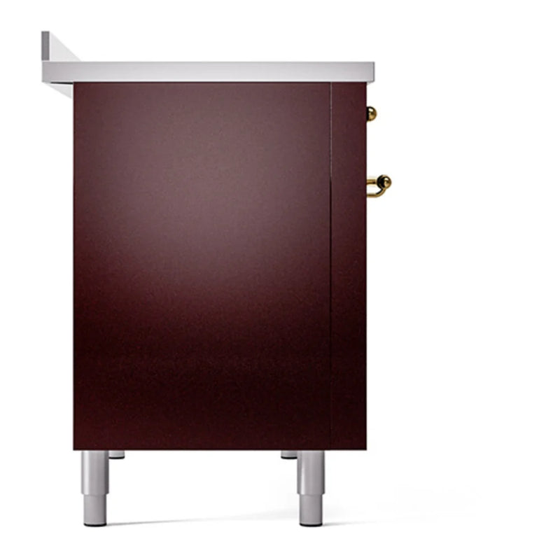 ILVE Nostalgie II 48" Induction Freestanding Range in Burgundy with Brass Trim, UPI486QNMPBUG