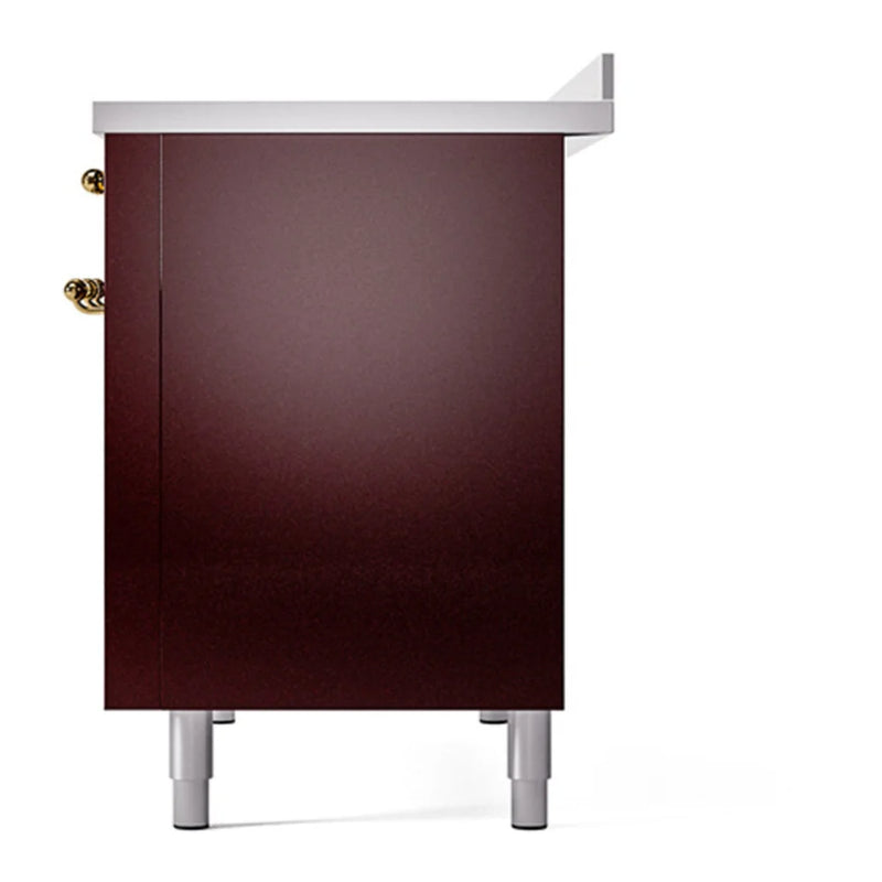 ILVE Nostalgie II 48" Induction Freestanding Range in Burgundy with Brass Trim, UPI486QNMPBUG