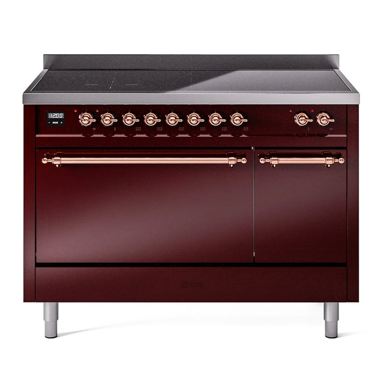 ILVE Nostalgie II 48" Induction Freestanding Range in Burgundy with Copper Trim, UPI486QNMPBUP