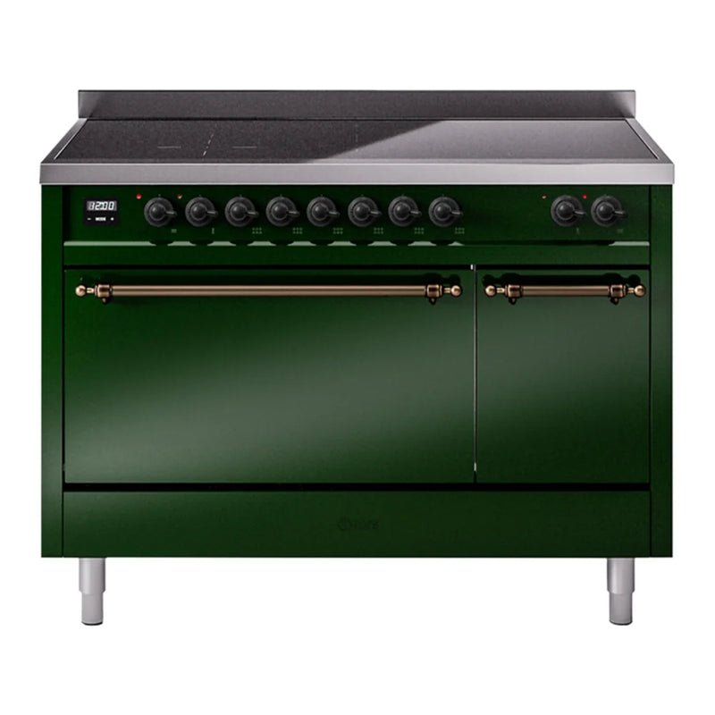 ILVE Nostalgie II 48" Induction Freestanding Range in Emerald Green with Burnished Trim, UPI486QNMPEGB