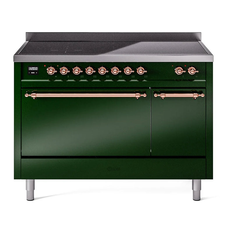 ILVE Nostalgie II 48" Induction Freestanding Range in Emerald Green with Copper Trim, UPI486QNMPEGP