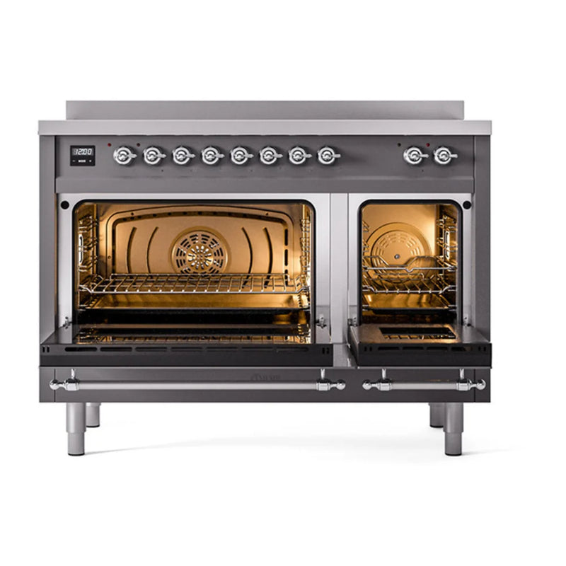 ILVE Nostalgie II 48" Induction Freestanding Range in Graphite Matte with Chrome Trim, UPI486QNMPMGC