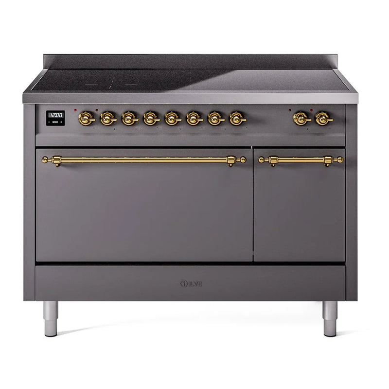 ILVE Nostalgie II 48" Induction Freestanding Range in Graphite Matte with Brass Trim, UPI486QNMPMGG