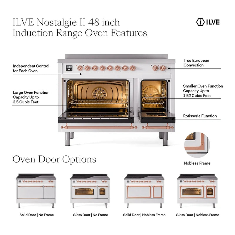 ILVE Nostalgie II 48" Induction Freestanding Range in RAL Color with Brass Trim, UPI486QNMPRAG