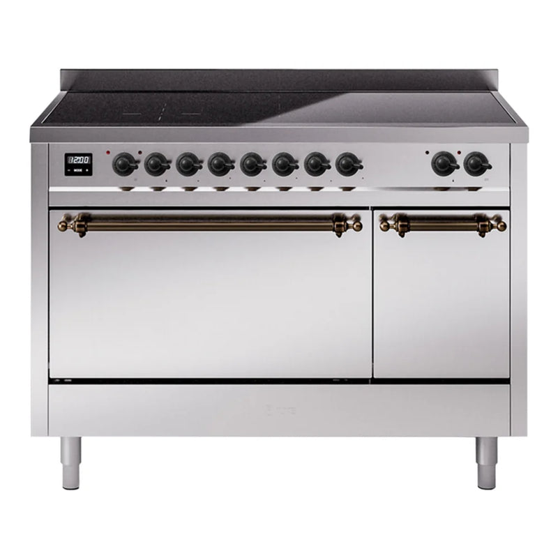 ILVE Nostalgie II 48" Induction Freestanding Range in Stainless Steel with Burnished Trim, UPI486QNMPSSB