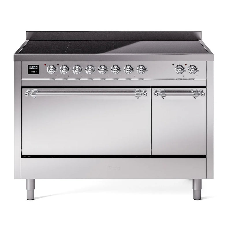 ILVE Nostalgie II 48" Induction Freestanding Range in Stainless Steel with Chrome Trim, UPI486QNMPSSC