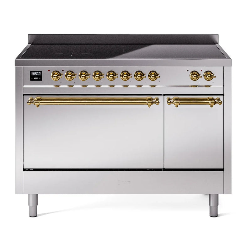 ILVE Nostalgie II 48" Induction Freestanding Range in Stainless Steel with Brass Trim, UPI486QNMPSSG