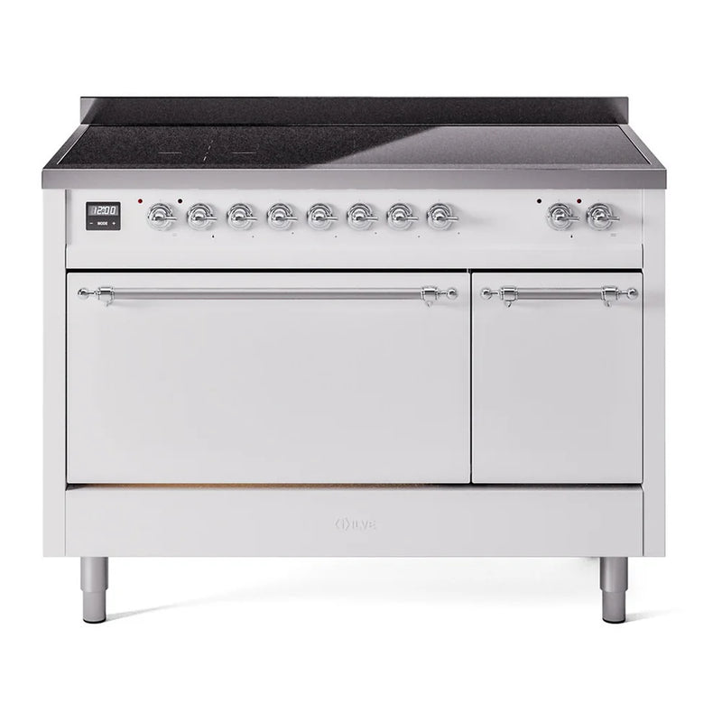 ILVE Nostalgie II 48" Induction Freestanding Range in White with Chrome Trim, UPI486QNMPWHC