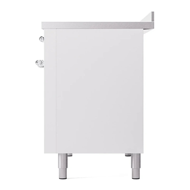 ILVE Nostalgie II 48" Induction Freestanding Range in White with Chrome Trim, UPI486QNMPWHC