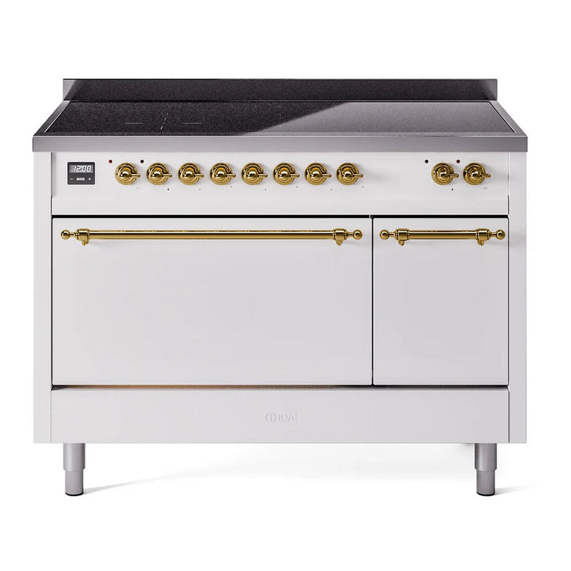 ILVE Nostalgie II 48" Induction Freestanding Range in White with Brass Trim, UPI486QNMPWHG