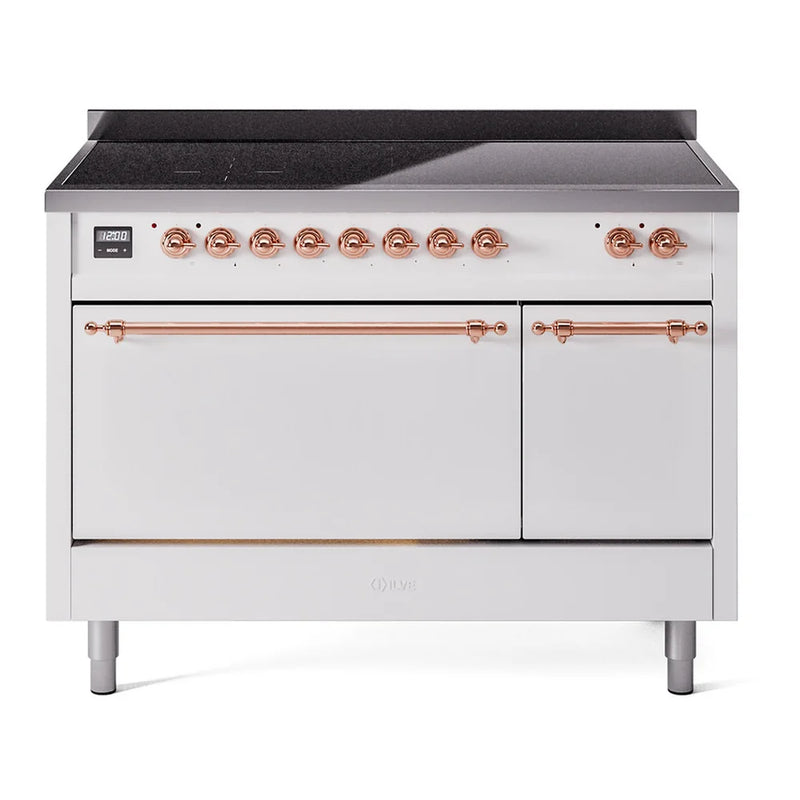 ILVE Nostalgie II 48" Induction Freestanding Range in White with Copper Trim, UPI486QNMPWHP