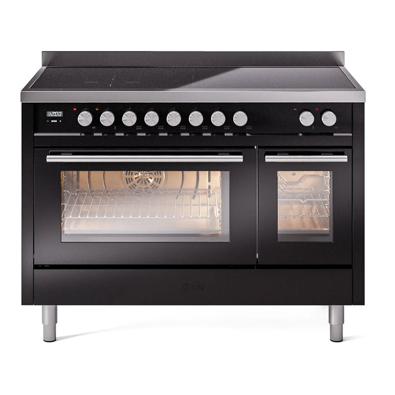 ILVE Professional Plus II 48" Induction Freestanding Range in Glossy Black with Stainless Steel Trim, UPI486WMPBK