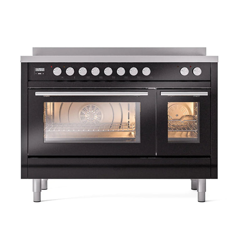 ILVE Professional Plus II 48" Induction Freestanding Range in Glossy Black with Stainless Steel Trim, UPI486WMPBK