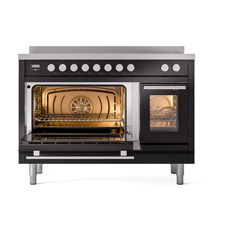 ILVE Professional Plus II 48" Induction Freestanding Range in Glossy Black with Stainless Steel Trim, UPI486WMPBK