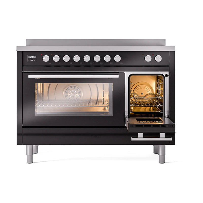 ILVE Professional Plus II 48" Induction Freestanding Range in Glossy Black with Stainless Steel Trim, UPI486WMPBK
