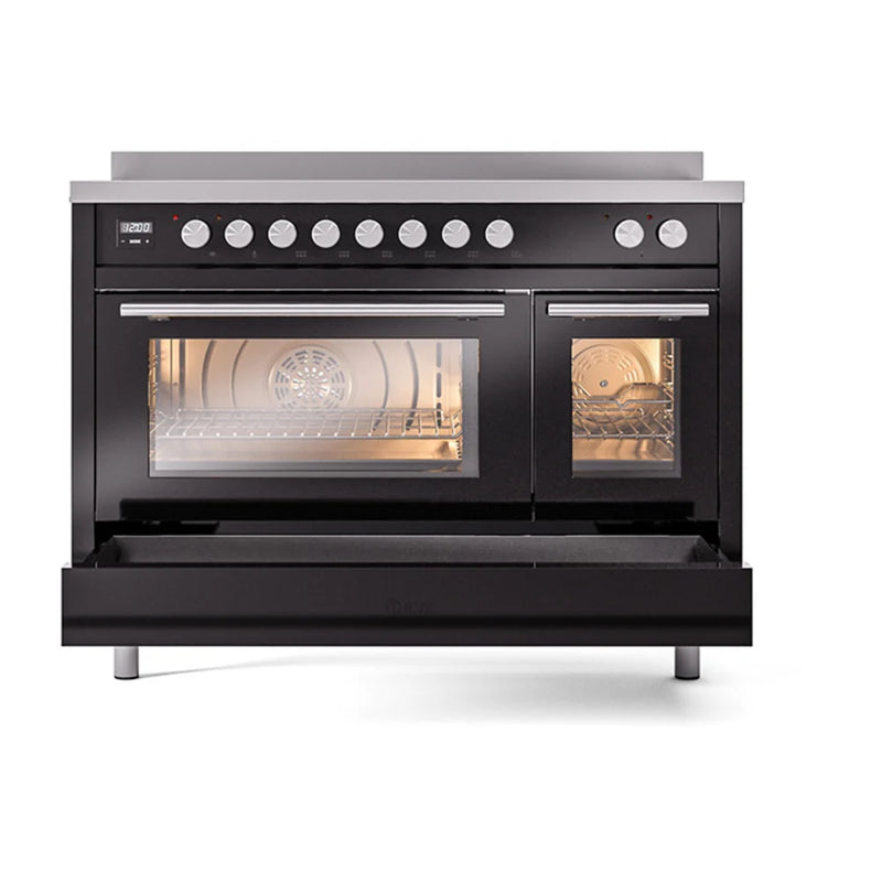 ILVE Professional Plus II 48" Induction Freestanding Range in Glossy Black with Stainless Steel Trim, UPI486WMPBK