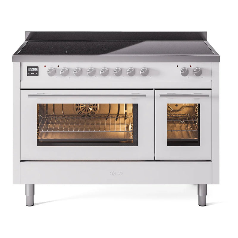 ILVE Professional Plus II 48" Induction Freestanding Range in White with Stainless Steel Trim, UPI486WMPWH