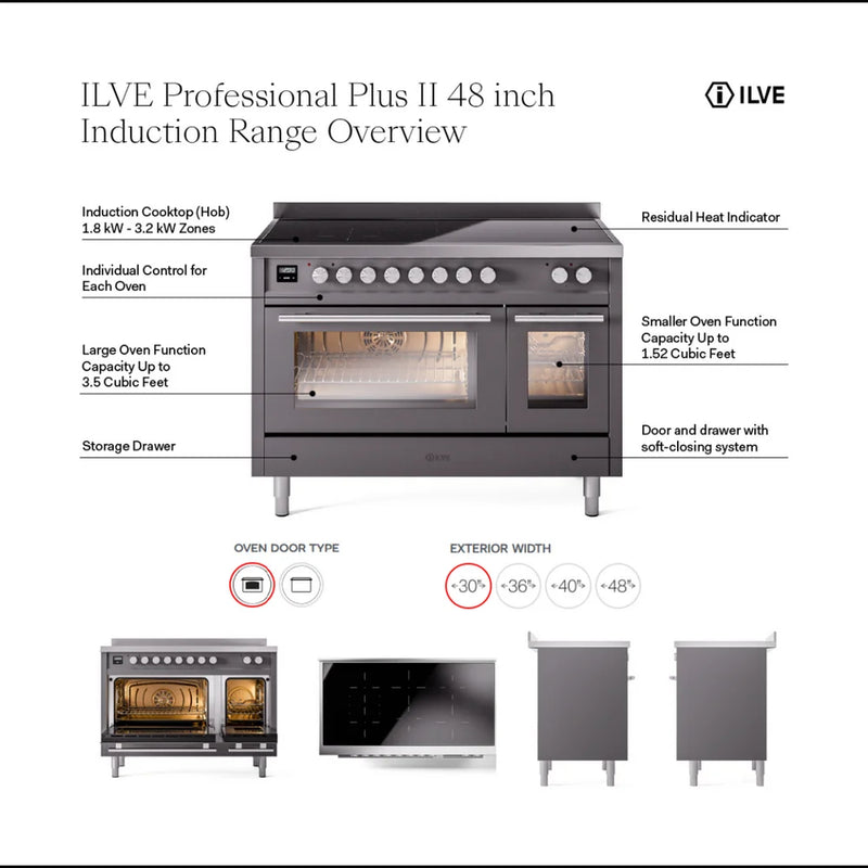 ILVE Professional Plus II 48" Induction Freestanding Range in White with Stainless Steel Trim, UPI486WMPWH