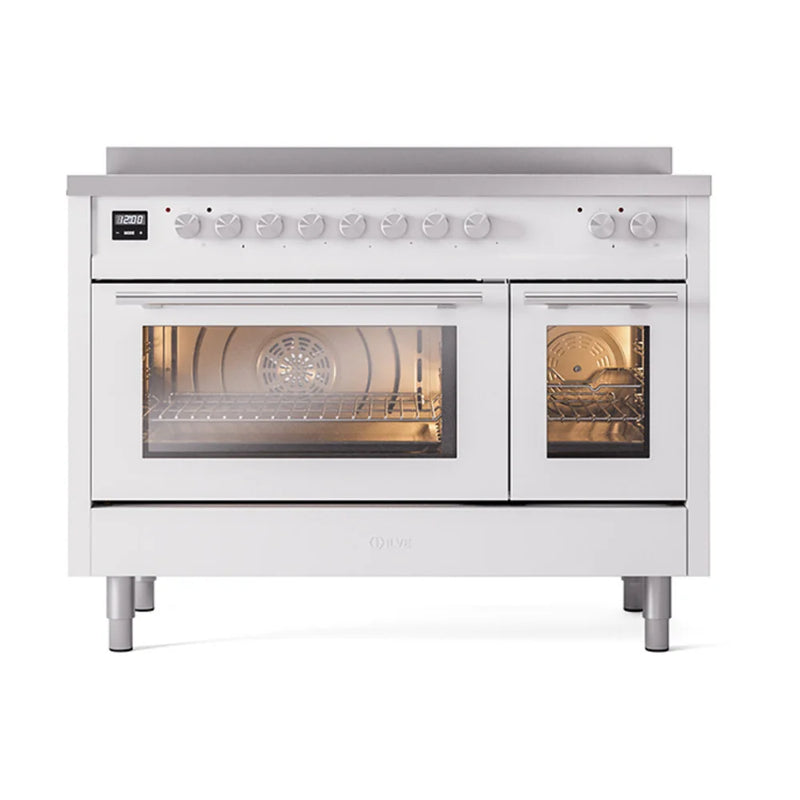 ILVE Professional Plus II 48" Induction Freestanding Range in White with Stainless Steel Trim, UPI486WMPWH
