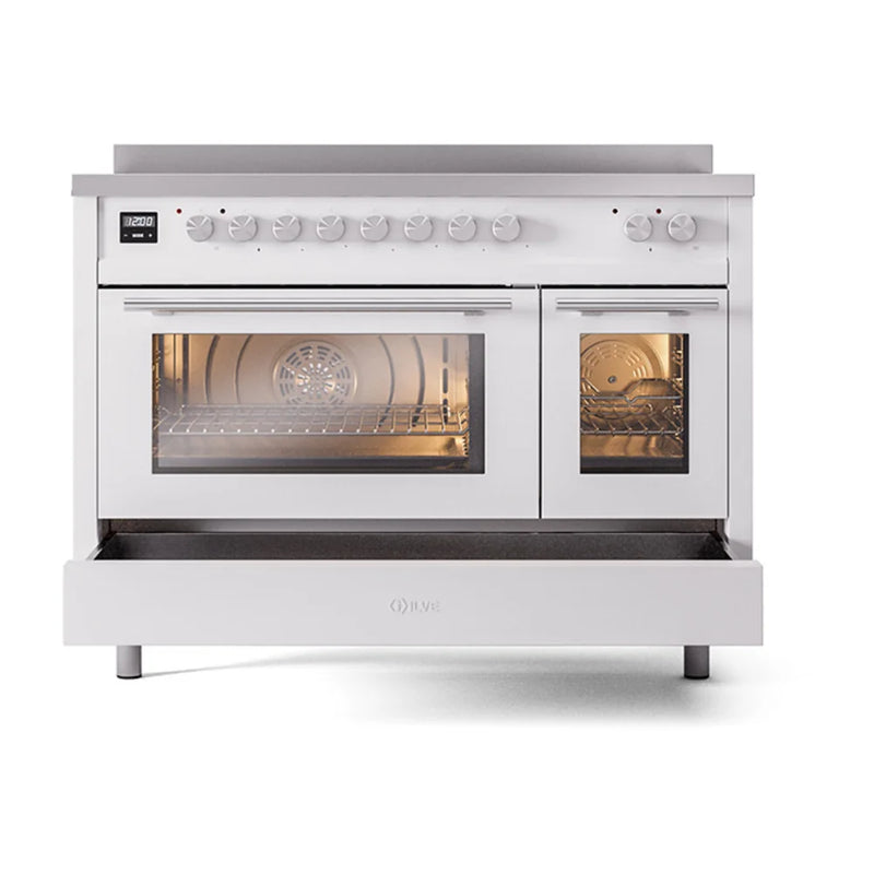 ILVE Professional Plus II 48" Induction Freestanding Range in White with Stainless Steel Trim, UPI486WMPWH