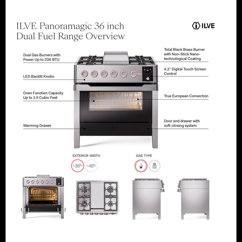 ILVE Panoramagic 36" Dual Fuel Freestanding Range in Stainless Steel with Satin Trim, UPM09FDS3SSLP