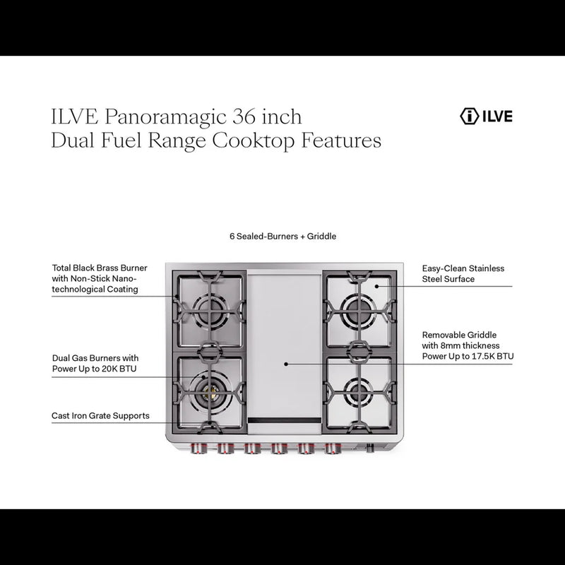 ILVE Panoramagic 36" Dual Fuel Freestanding Range in Stainless Steel with Satin Trim, UPM09FDS3SSLP