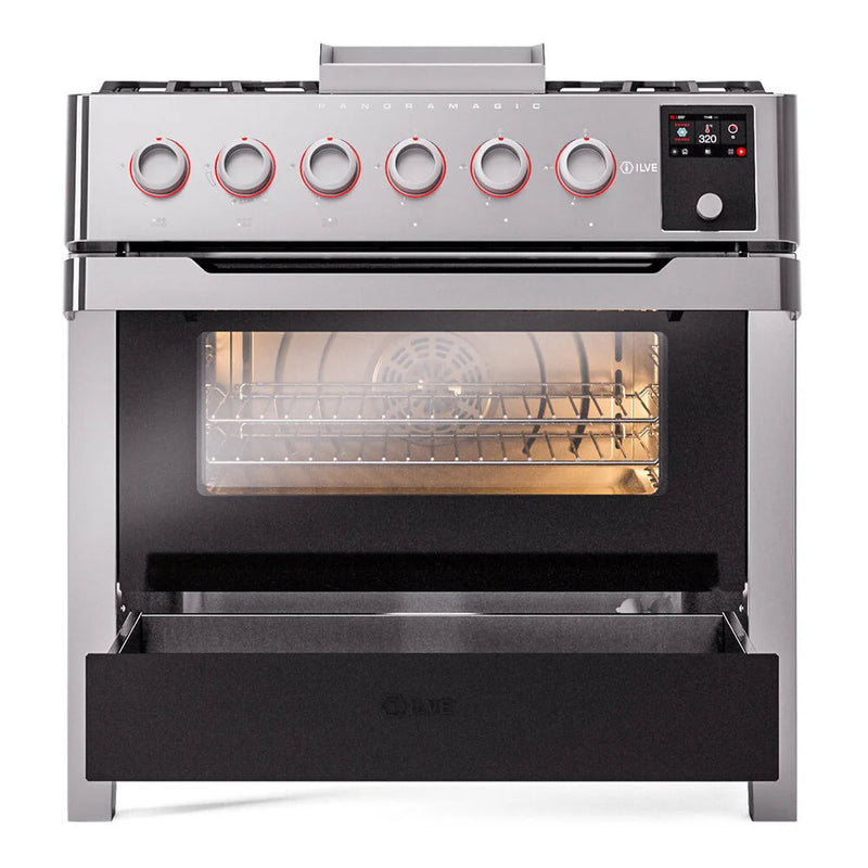 ILVE Panoramagic 36" Dual Fuel Freestanding Range in Stainless Steel with Satin Trim, UPM09FDS3SSLP