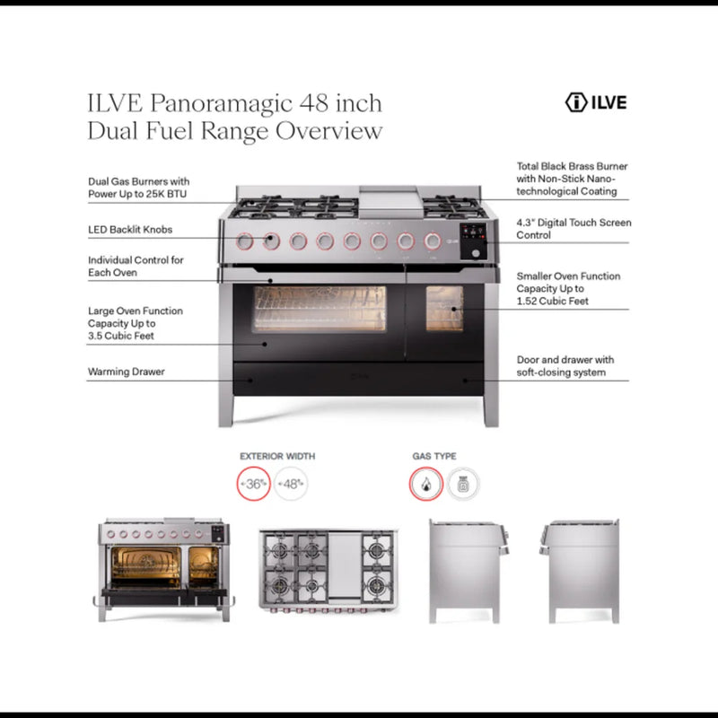 ILVE Panoramagic 48" Dual Fuel Freestanding Range in Stainless Steel with Satin Trim, UPM12FDS3SSLP