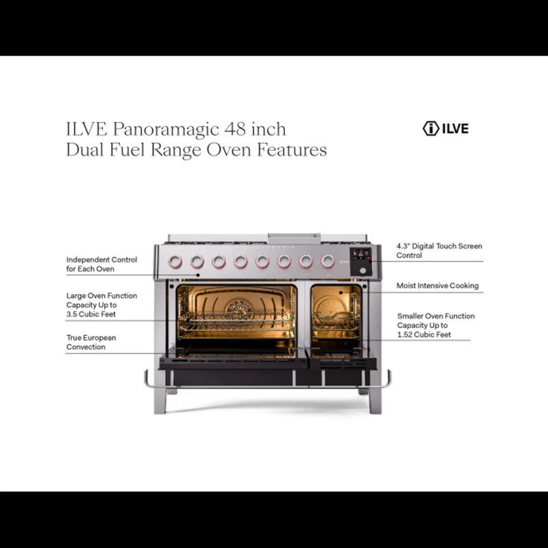 ILVE Panoramagic 48" Dual Fuel Freestanding Range in Stainless Steel with Satin Trim, UPM12FDS3SSLP