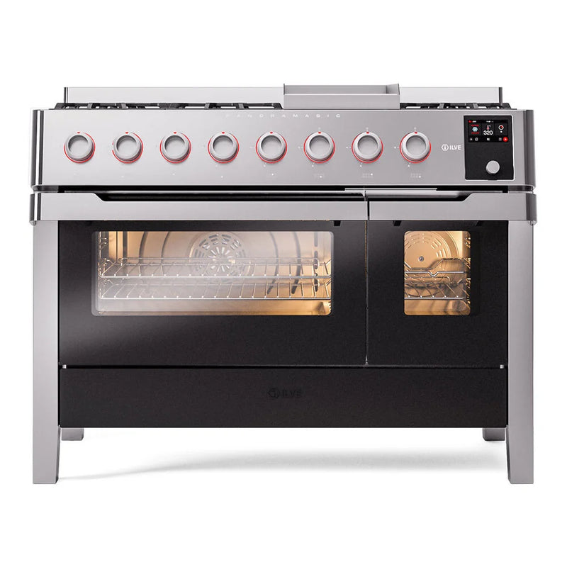 ILVE Panoramagic 48" Dual Fuel Freestanding Range in Stainless Steel with Satin Trim, UPM12FDS3SSLP