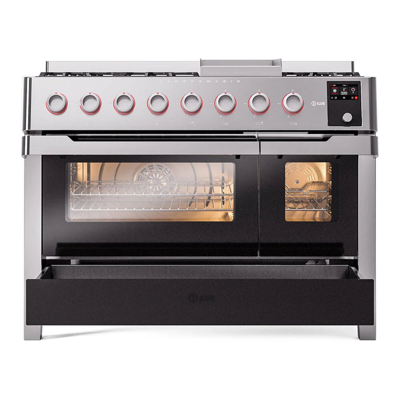 ILVE Panoramagic 48" Dual Fuel Freestanding Range in Stainless Steel with Satin Trim, UPM12FDS3SSLP