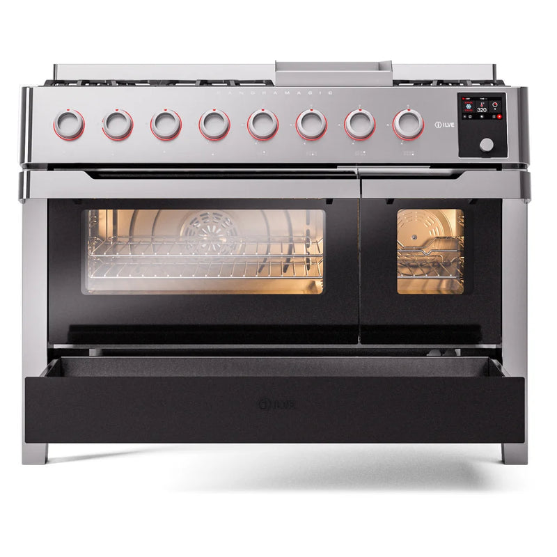 ILVE Panoramagic 48" Dual Fuel Freestanding Range in Stainless Steel with Satin Trim, UPM12FDS3SS
