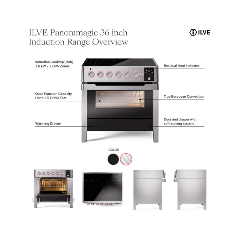 ILVE Panoramagic 36" Induction Freestanding Range in Stainless Steel with Satin Trim, UPMI09S3SS