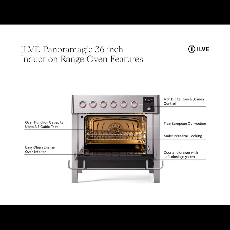 ILVE Panoramagic 36" Induction Freestanding Range in Stainless Steel with Satin Trim, UPMI09S3SS