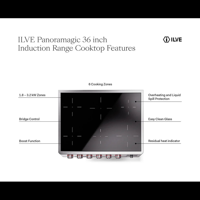 ILVE Panoramagic 36" Induction Freestanding Range in Stainless Steel with Satin Trim, UPMI09S3SS