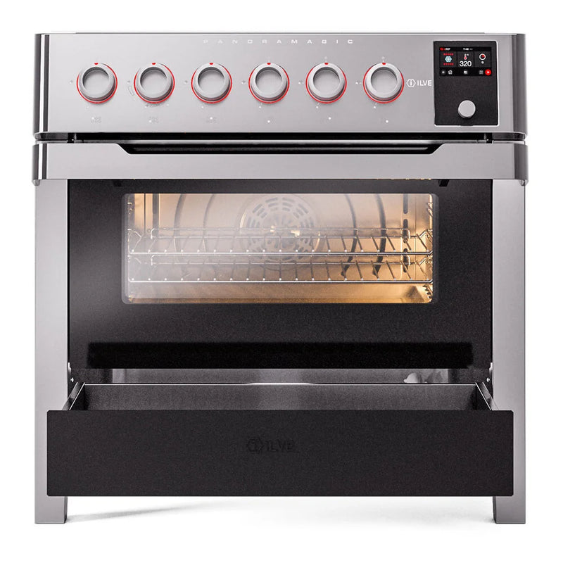 ILVE Panoramagic 36" Induction Freestanding Range in Stainless Steel with Satin Trim, UPMI09S3SS