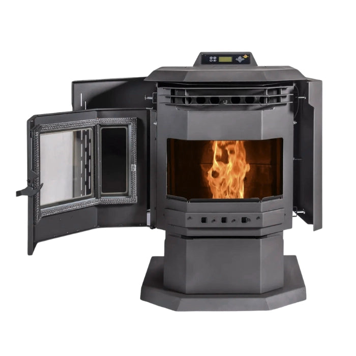 Black pellet stove with open door showing flames on a white background
