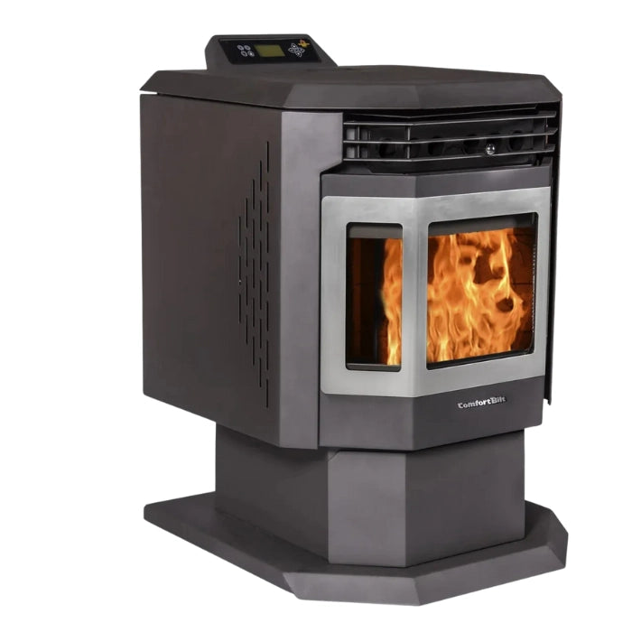 Black pellet stove with visible flames on a white background