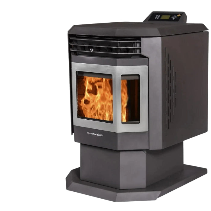 Pellet stove with visible flames on a white background