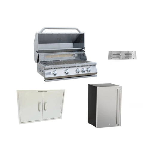 Kokomo Grills 4 PIECE OUTDOOR KITCHEN PACKAGE DEAL with 32" 4-burner stainless steel grill, double doors, outdoor fridge, and vent panel.