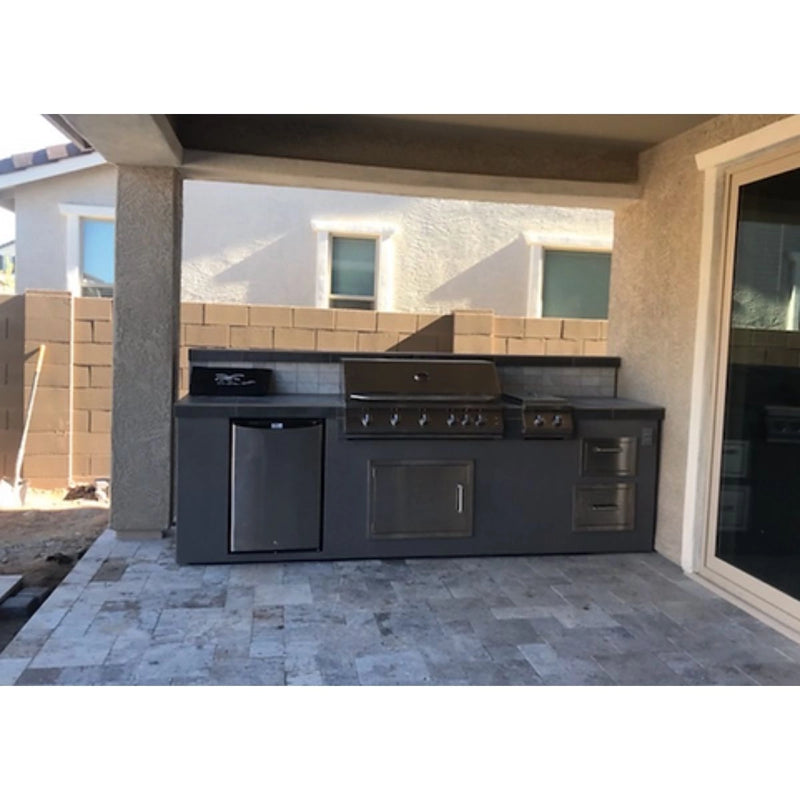 Kokomo Grills BBQ Island with built-in 32" 4-burner stainless steel grill, refrigerator, drawers, and double side burner in Spectrum Brown.