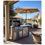 Kokomo Grills Mini Maui 6' BBQ Island with 3 burner 26" stainless steel grill, tile countertop, and Spectrum Brown stucco finish.